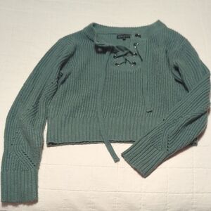 Kendall & Kylie Teal Lace-Up Knit Sweater